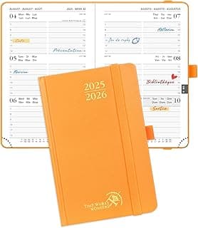 POPRUN Agenda 2025 2026 de Bolsillo 16 x 10,5 cm, Planificador Semana Vista A6 con Tapa Dura, 17 Meses de Ago.2025 a Dic.2026, Banda elástica, 80 GSM Papel, Naranja