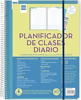 Finocam - Planificador de Clases Diario para Docentes | 1 Día Página | Español | Hasta 8 Clases Diarias | Tapa Personalizable | Espiral Metálica | Grande, Papel | Español