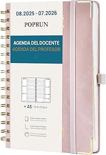 POPRUN Cuaderno del Profesor 2025 2026 A5 - Agenda Docente 25/26 Semana Vista con Pestaña Mensual de Ago.2025 a Jul.2026. Tapa Dura de Cuero Vegano y Papel Grueso de 90 g/m², Melon o Durazno