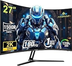Amzfast - Monitor de juego curvo de 27 pulgadas - 180 Hz,1 ms, AMD FreeSync,HDR10,Antideslumbramiento/Antideslumbramiento,Baja luz azul,1500R,VESA 100x100,HDMI 2.1/DisplayPort1. 2 x 2,AMZG27C1Q