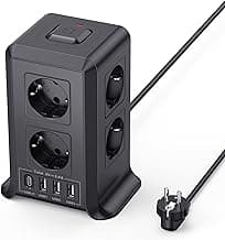 Torre Regletas Enchufes, Regleta USB 8 Tomas de AC y 4 USB Enchufe Multiple, 2500W/10A,Regleta Enchufes Proteccion Sobretension, 2M Regreltas Vertical con Interruptor para Mesa, Oficia, Casa, Negro