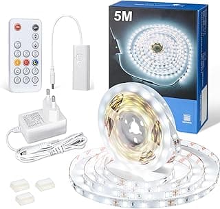WOBANE Tira LED Blanco Frío 6000K, Tiras Luces Led 5 Metros con Mando Distancia Regulable, Cinta Luz Led Adhesiva con Enchufe para Cocina Dormitorio Habitacion