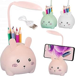 Lampara Escritorio Led Intantil Con Portalápices, Lampara Escritorio Niño, Lampara Escritorio Niña, Lampara De Mesa led, Lamparas De Mesa Infantiles Conejo, Flexo Led Escritorio Infantil USB (Rosa)
