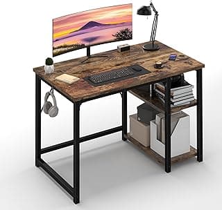 Airfish Mesa Escritorio Pequeña, Escritorio Ordenador Juvenil, Mesa de Juego, 100x50x75cm, con Estante Organizador, Gancho para Auriculares, para Oficina, Dormitorio, Sala de Estudio Marrón