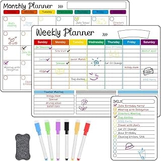 OFFCUP Planificador Semanal Magnetico, 3pcs Planificador Mensual Magnetico con 6 Rotuladores de Color y 1 Borrador, Calendario Magnético Nevera, para Lista de Compra, Planificador Familiar