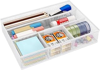EasyPAG 5 Compartimentos Metal Malla Organizador Cajones Oficina Almacenamiento Escritorio Portalápices Organizador Bolígrafos,Blanco