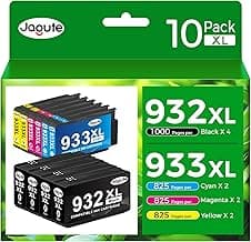 Jagute 10 Paquetes Cartuchos de Tinta 932XL 933XL Compatible para HP 932 933 Multipack Compatible con HP Officejet 6100 6600 6700 7110 7510 7610 7612 Impresora (Negro Cian Magenta Amarillo)