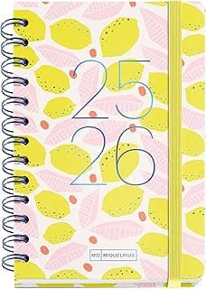 Miquelrius - Agenda Escolar 2025 2026, Planificador de Septiembre a Agosto, Tamaño 125.5 x 178 mm, Día Página, Doble Espiral, Pegatinas, Tapa de Cartón Forrado, Cierre con Goma, Español-Inglés