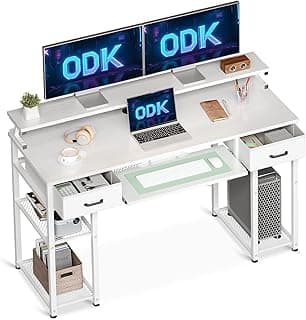 ODK Escritorio de Ordenador, Escritorio con 2 Cajones y Bandeja para Teclado, Escritorio de Oficina con Soporte para Monitor, Mesa de Escritorio con Estante Reversible para Oficina (Blanco)
