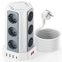 Regleta Vertical Enchufes 16A Regleta Enchufe con 12 Tomas Corrientes y 4 Rápida USB Tomas Proteccion Sobretension Cable de Extensión de 5M y Tapón de Seguridad con Interruptor para Casa Oficina