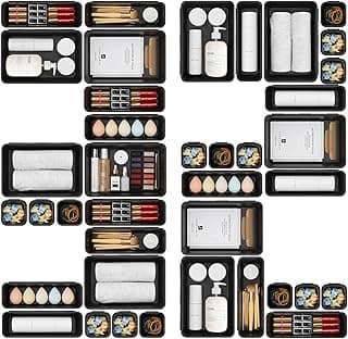 A-LuGei 32 piezas Negro Organizadores Cajones de Plástico, Separadores de Cajones de Escritorio, Bandejas de Almacenaje, Cajas Separadoras para Maquillaje, Joyas, Dormitorio, Baño, Oficina, Tools
