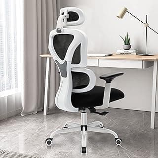 KERDOM Sillas Ergonomicas Oficina, Silla de Escritorio con Soporte Lumbar,Reposacabezas Ajustable, Reposabrazos, Silla 360° Giratoria para computadora,Blanco