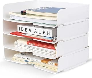 4 Pcs Bandeja Organizador Escritorio, Bandeja Oficina Bandejas Portadocumentos Apilables Blancas Plástico para Cartas Revistas Recibos Clasificador Documentos Oficina Accesorios(33 x 25 x 7 cm)