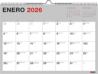 Miquelrius - Calendario de pared 18 meses, Planificador de Julio 2025 a Diciembre 2026, Tamaño A3, Espacio para anotar, Espiral doble con pieza para colgar, Español, Gris