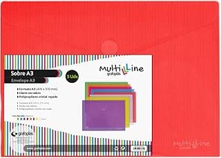 Grafoplas - Pack 5 Carpetas Sobres Plastico A3, Cierre Velcro, Rojo, Multiline, 33,5x24cm, Polipropileno Cristal Rayado Traslúcido, Perfecto para Dibujos y Documentos Grandes