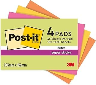 Post-it Notas Super Sticky, Grandes - Paquete de 4 Blocs, 45 Hojas por Bloc (203 mm x 152 mm) - Colores Verde, Rosa, Amarillo y Naranja - Notas Autoadhesivas para Listas de Tareas y Recordatorios