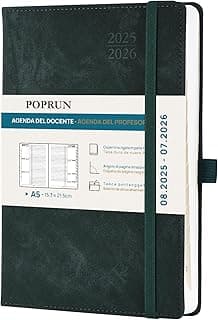 POPRUN Cuaderno del Profesor 2025 2026 A5 - Agenda Docente 25/26 Semana Vista con Pestaña Mensual de Ago.2025 a Jul.2026. Tapa Dura de Cuero Vegano y Papel Grueso de 90 g/m², Verde Oscuro