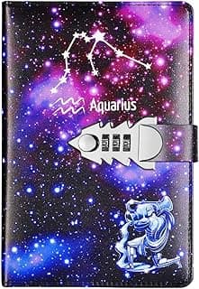 A5 Cuaderno de Cuero,Notebook planificador diario organizador Contraseña Bloc de Notas con cerradura de combinación ,12 Constelación Bloc de Notas Contraseña Cuaderno ,rellenable TPN145 (Aquarius )