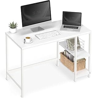 VASAGLE Escritorio, Mesa de Ordenador, con 2 Estante a la Izquierda o a la Derecha, para Oficina, Dormitorio, Estructura de Acero, Moderno, Blanco Arce LWD047W44