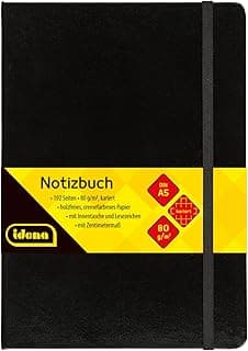 Idena 209281 - Cuaderno DIN A5, cuadriculado, papel crema, 192 páginas, 80 g/m², tapa dura en negro, 1 ud.