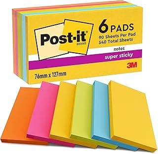 Post-It Notas Super Sticky Colección Carnival, Paquete de 6 Blocs de Notas, 90 Hojas por Bloc, 76x127 mm, Amarillo, Azul, Verde, Rosa, Naranja, Extra Adhesivas para Listas de Tareas y Recordatorios