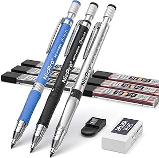 Nicpro - Juego de 11 portaminas de colores de 2 mm, 3 lápices de carpintero de dibujo de 2 mm para dibujo artístico, escritura, bocetos, construcción con 6 tubos de recambios afilados previamente