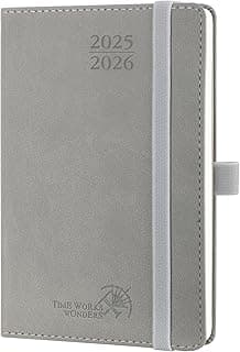 POPRUN Agenda 2025 2026 Pequeña de Bolsillo 16 x 10,5 cm, Planificador Semanal 17 Meses de Ago.2025 a Dic.2026, 1 Semana 2 Páginas, Porta Boligrafos Autoadhesivo, 80 GSM Papel, Gris