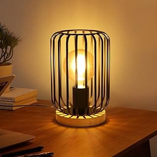 Lámpara de Mesa industrial Vintage Lámpara de Escritorio Negra con Cable, E27 Enchufe Luces Mesita de Noche de Base de Madera Nordica para Dormitorio, Salón, Sala de estar 60W Máx.