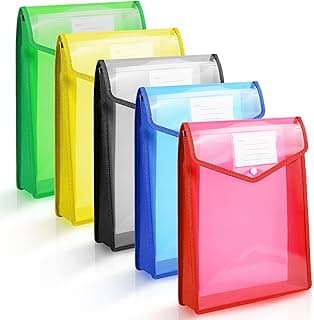 Vicloon Carpeta de Archivos de Plástico A4, 5pcs Carpeta con Diseño Transparente y Bolsillo, Carpetas Archivadoras de Plástico Cierre de Botón a Presión, Oficina, Escuela-Multicolor/Seccion Vertical