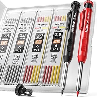 Nicpro 2 Piezas Lápices de Carpintero con Sacapuntas y Estuche, Lápices Mecánicos con 24 Recambios, Portaminas de Carpintería Resistentes para Arquitecto, Carpintero