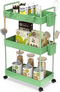 Ronlap Carrito de cocina con 3 niveles, carrito de servicio con vaso colgante, separador, gancho, estante con ruedas para cocina, dormitorio, oficina, verde