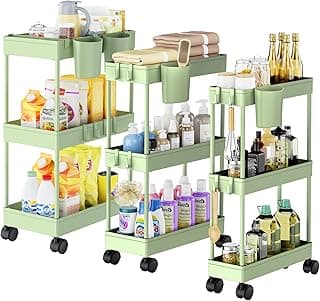 Shrivee Pack of 3 Carrito Auxiliar Baño con Ruedas 3 Niveles Ahorro de Espacio Carro Organizador con Ganchos y Tazas de Cocina Oficina (Verde)