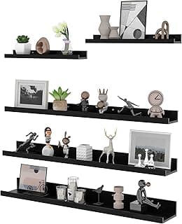 RLAVBL Juego de 5 con 90cm Estanteria Pared de Madera, Diferentes Tamaños Baldas Pared Negro para Baño, Entrada Recibidor, Cocina, Salon.