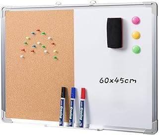 DOEWORKS Pizarra Mixta 60 x 45cm Pizarra Magnética Blanca & Tablón de Corcho, Pizarra Combinada Doble Cara, Tablero de Anuncios para Hogar Oficina Escuela