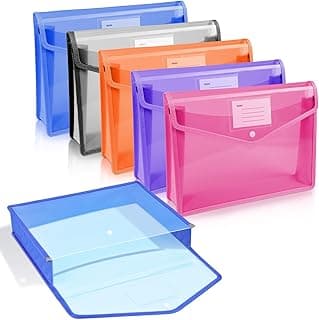 Vicloon Carpeta de Archivos de Plástico A4, 5pcs Carpeta con Diseño Transparente y Bolsillo, Carpetas Archivadoras de Plástico Cierre de Botón a Presión, Escuela-Multicolor/Sección Horizontal