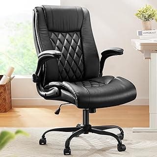 Marsail Silla de Oficina Ejecutiva con Reposabrazos Abatibles, Cuero PU, Silla de Escritorio Ergonómica con Función de Inclinación, Altura Ajustable, Giratoria y con Ruedas, Negro