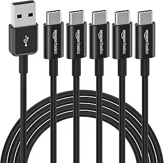 Amazon Basics Paquete de 5 cables de carga rápida USB-C a USB-A 2.0, velocidad de 480 Mbps, certificado USB-IF para Apple iPhone 16/15, iPad, Samsung Galaxy, ordenadores portátiles, 1.8 m ,negro