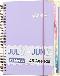 Agenda A5 Semanal y Mensual 2025(Jul)-2026(Jun), Libro de Planificación de 12 Meses, Calendario Diario con Pestañas para Escuela, Universidad, Profesores y Estudiantes (Morado)