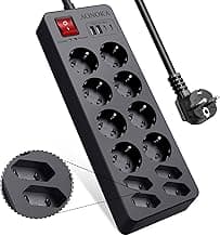 Regleta 12 Enchufes Proteccion Sobretension con USB C,Regletas Enchufes 12 Tomas con Interruptor,Ladron Enchufes Multiples con 2 USB-C y 2 USB-A,Alargador Enchufe Montable Pared, 1,5M, Negro