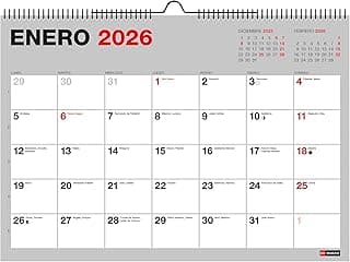 Miquelrius - Calendario de pared 18 meses, Planificador de Julio 2025 a Diciembre 2026, Tamaño A4, Espacio para anotar, Espiral doble con pieza para colgar, Español, Gris