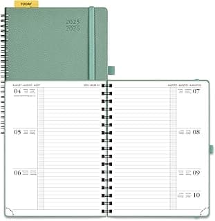 POPRUN Agenda 2025 2026 Semana Vista Espiral 22 x 16,5 cm, Weekly Planner 17 Meses de Ago.2025 a Dic.2026, Planificador en Regla de Plástico, Tapa Blanda, 80 GSM Papel, Verde Militare
