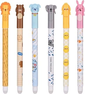 OFFCUP Juego de 6 Bolígrafos de Gel Borrable, 0,5 mm Bolígrafos Tinta Borrable, Punta Esférica para Eliminar la Tinta sin Consumir la Hoja, Animales para Oficina Escuela Papelería, Azul