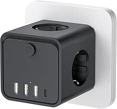 Cubo Enchufe USB 7 en 1, Ladron Enchufes Múltiple Tomas Regletas Enchufes Cubo con 3 AC 16A, 3 USB-A y 1 USB-C 3A, Cubo Enchufe Multiple con Interruptor, para Oficina, Cocina y Habitación (Negro)