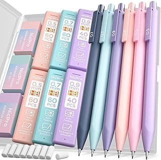 Nicpro 6 piezas Portaminas Retráctil el Plastico, Portaminas 0,5 y 0,7 y 0,9 mm con Recarga de Lápiz HB, Borradores, Estuche, Lápices Bonito para Escritura de Estudiantes, Dibujo