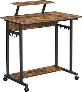 VASAGLE Escritorio, Mesa de Ordenador, Mesa de Estudio con Ruedas, con Soporte de Pantalla, 6 Ganchos, 80 x 50 x 90 cm, Estilo Industrial, Marrón Rústico y Negro LWD085B01