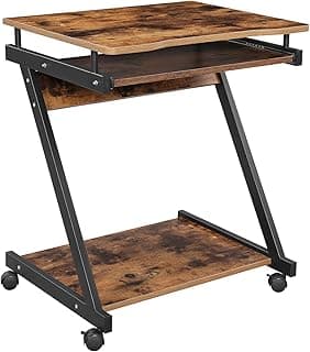 Vasagle LCD811X01 Escritorio en Forma de Z, Mesa de Ordenador Pequeña, Ahorro de Espacio, Montaje Sencillo, Ruedas con Frenos, con Soporte para el Teclado, Color Marrón, 1 Unidad