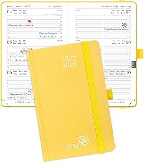 POPRUN Agenda 2025 2026 de Bolsillo 16 x 10,5 cm, Planificador Semana Vista A6 con Tapa Dura, 17 Meses de Ago.2025 a Dic.2026, Banda elástica, 80 GSM Papel, Amarillo Claro