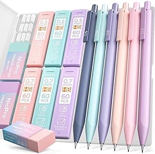 Nicpro 6 Piezas Portaminas Retráctil el Plastico, Portaminas 0,5 y 0,7 mm con Recarga de Lápiz HB, Borradores, Estuche, Lápices Bonito para Escritura de Estudiantes, Dibujo