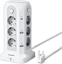 TESSAN Regleta Enchufes con Interruptor Individual, 18 en 1 Torre Enchufes Vertical con 6 USB, 12 Tomas Multiples con 2 USB C y Proteccion Sobretension, Torre Multiple con Cable 2M para Oficina Casa