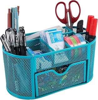 Organizador de escritorio, organizador de oficina de metal de malla con cajón y portalápices, 9 compartimentos clasificadores para bolígrafos, grapadora, clips de carpeta, notas adhesivas, organizador